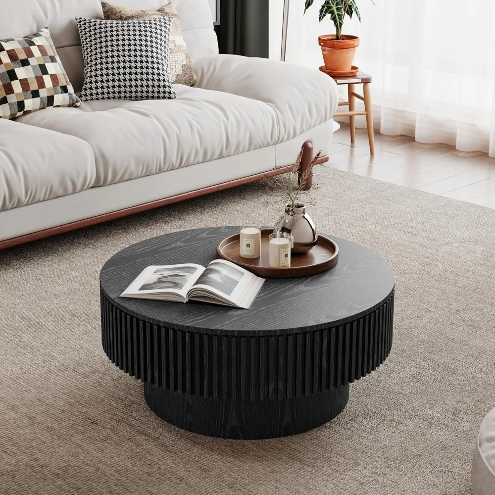 طاولة قهوة مستديرة على طراز المزرعة مع مساحة تخزين، مناسبة لغرفة المعيشة أو الشقة أو المكتب، لمسة نهائية سوداء #6