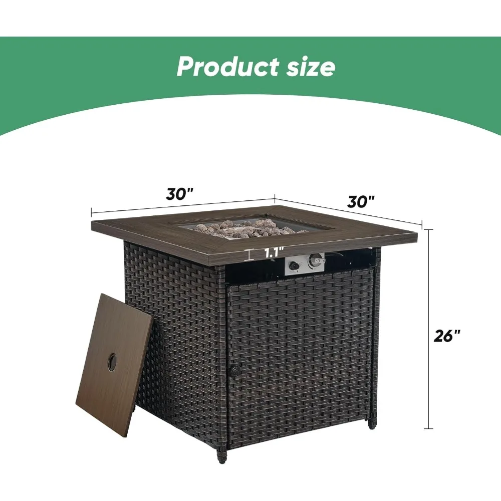 30 Inch Fire Pit Table with Lid and Lava Rock, Wicker Furniture, Outdoor 50000 BTU Square Propane Fire Pit