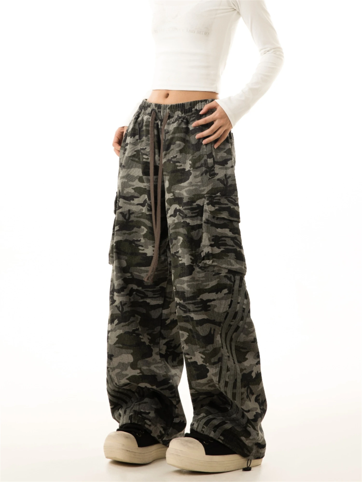 سراويل نسائية مموهة كبيرة الحجم واسعة الساق برباط الخصر وجيوب متعددة ملابس غير رسمية للسيدات #2