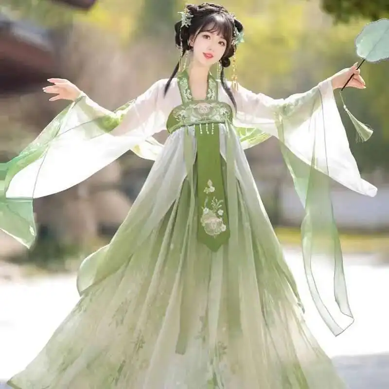 

Oversized Hanfu Women Chinese Traditional Embroidery Dress Fairy Cosplay Costume Hanfu Gradient Green For Women Plus Size 3XL