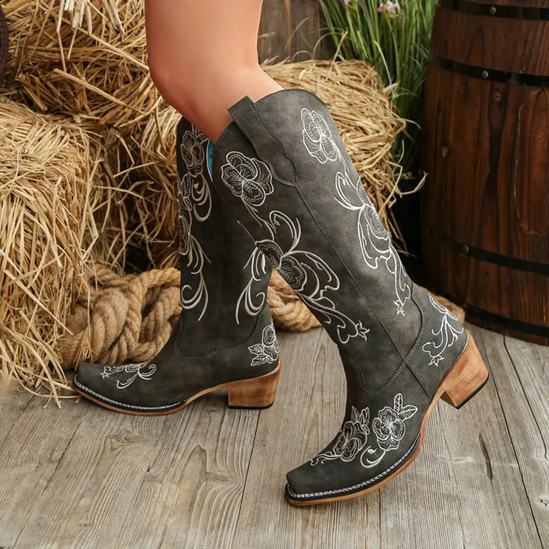 Fashion Women Retro Western Embroidered Cowboy Boots New Square Toe High Block Heel Faux Cover with Fabric Lining  Mid Heel Boot