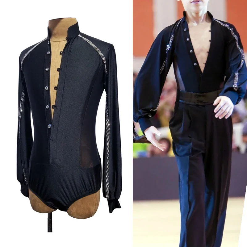 2021 New Men's Latin Dance Competition Tops Rhinestone Line Long Sleeves Shirts Practice Cha Cha Rumba Performance Wear DNV15142