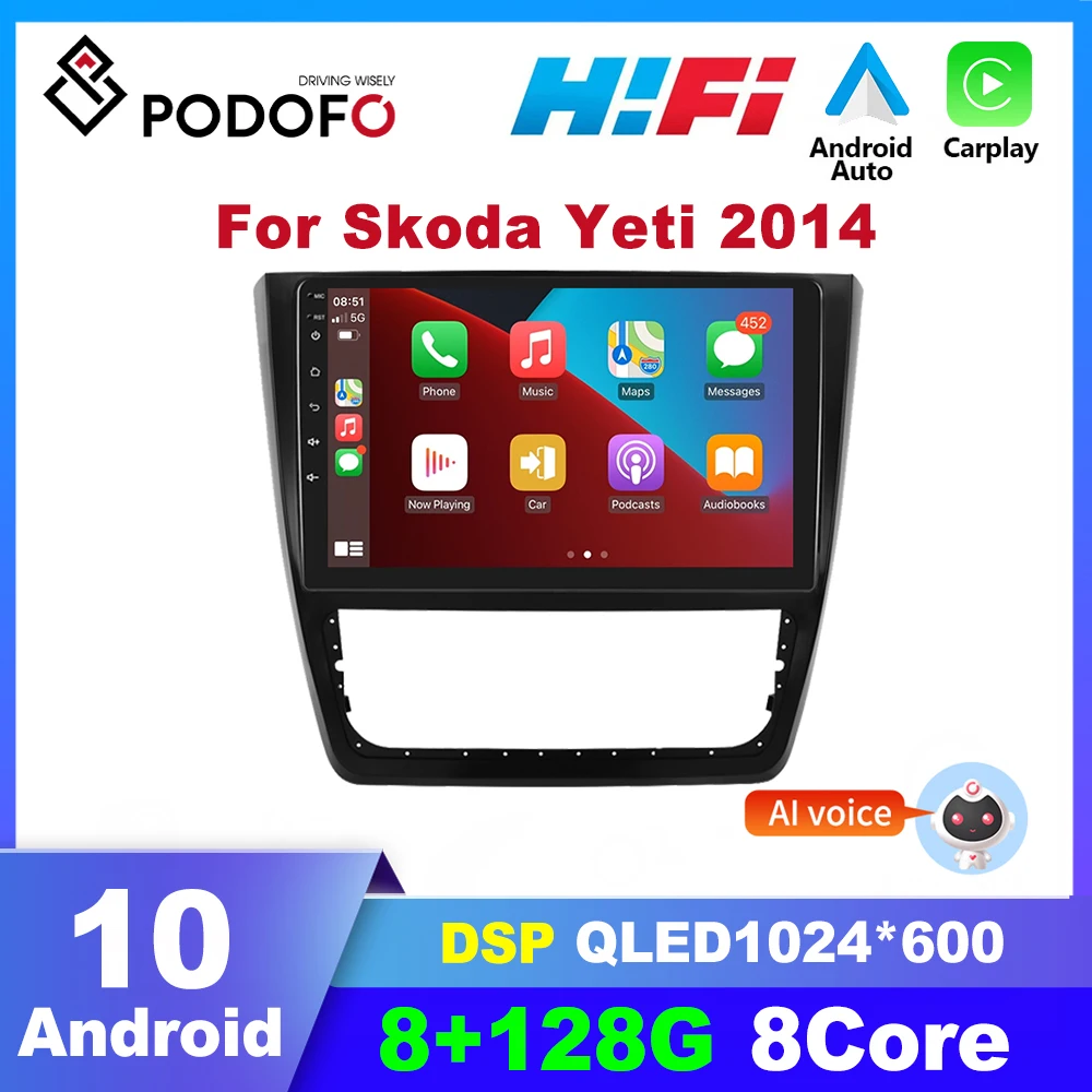 Podofo Android 10.0 DSP Carplay Car Radio  Multimedia Video Player For Skoda Yeti 2014 GPS Navigation 2 Din dvd Autoradio Stereo