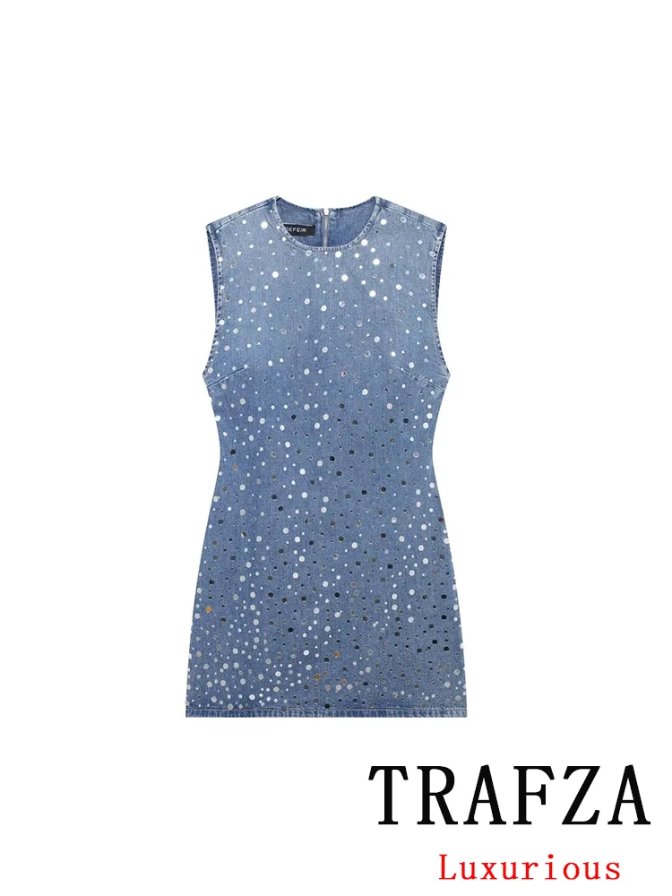 TRAFZA Vintage Casual Chic Women Denim Dress O-Neck Sequined Sleeveless Straight Mini Dress New Fashion 2024 Autumn Female Dress