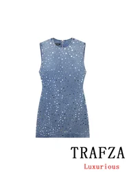 TRAFZA Vintage Casual Chic Women Denim Dress O-Neck Sequined Sleeveless Straight Mini Dress New Fashion 2024 Autumn Female Dress