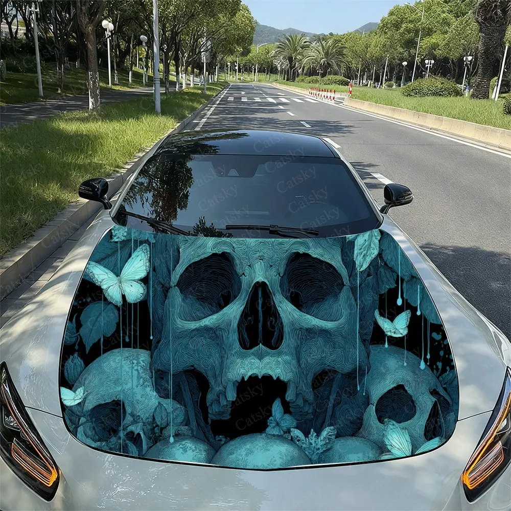 

Teal Swirl Skulls & Butterflies Car Vinyl Wrap, PVC Waterproof Car Hood Sticker, Self-Adhesive Scratch-Resistant Stickers