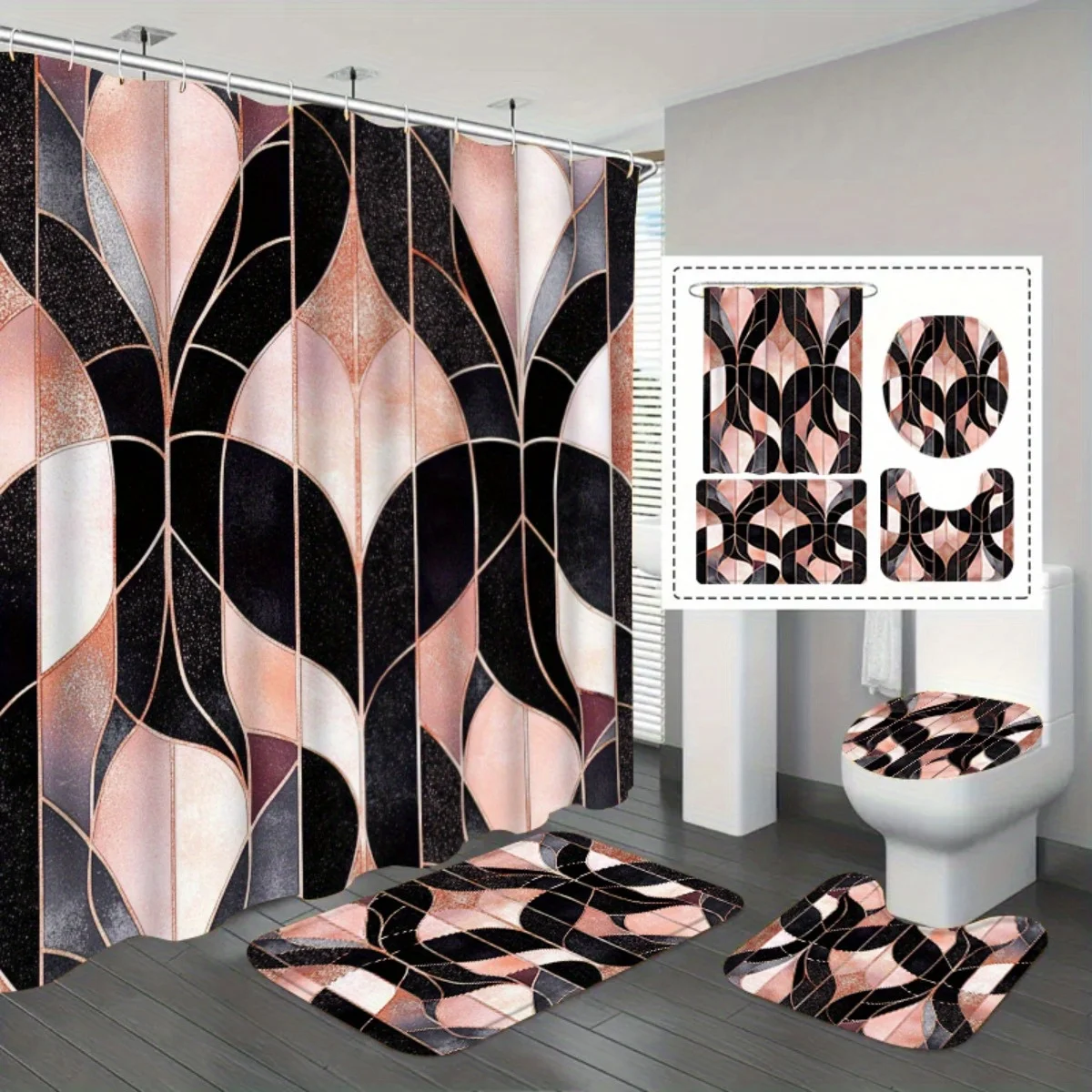 

Luxurious bathroom décor in rose gold and black. A four-piece set including a shower curtain, rug, and toilet seat.