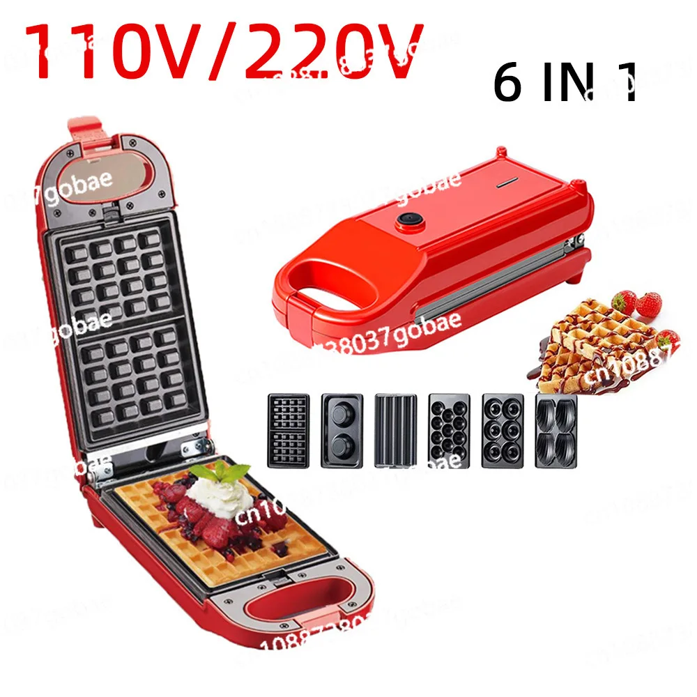 110V US Standard 6 in 1 Donut Machine Waffle Machine Sandwich Machine Fritters Machine, Household Egg Tart Cake Breakfast