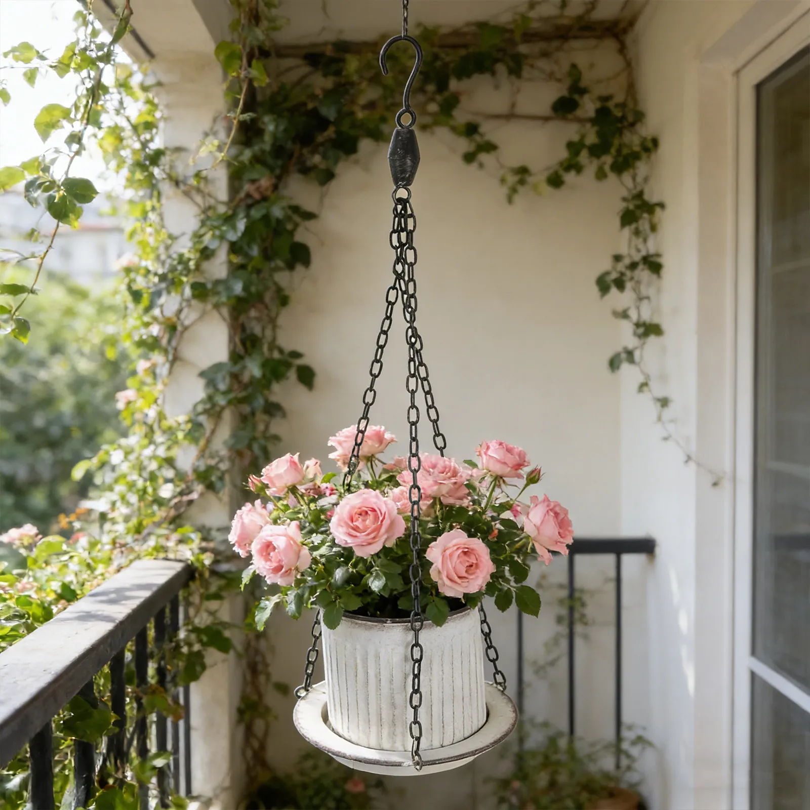 Metal Hanging Planter Rusty Iron Decorative Hanging Plant Pot with Saucer Tray Indoor Outdoor Balcony Garden Patio Deck Living