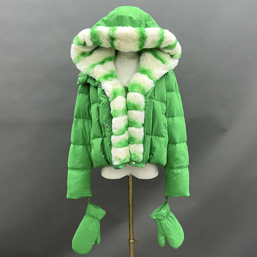 JANEFUR 冬ホワイトグースダウンジャケット大レックスウサギの毛皮フード付きパファージャケット女性厚く暖かいニットスリーブ JFB8-25009