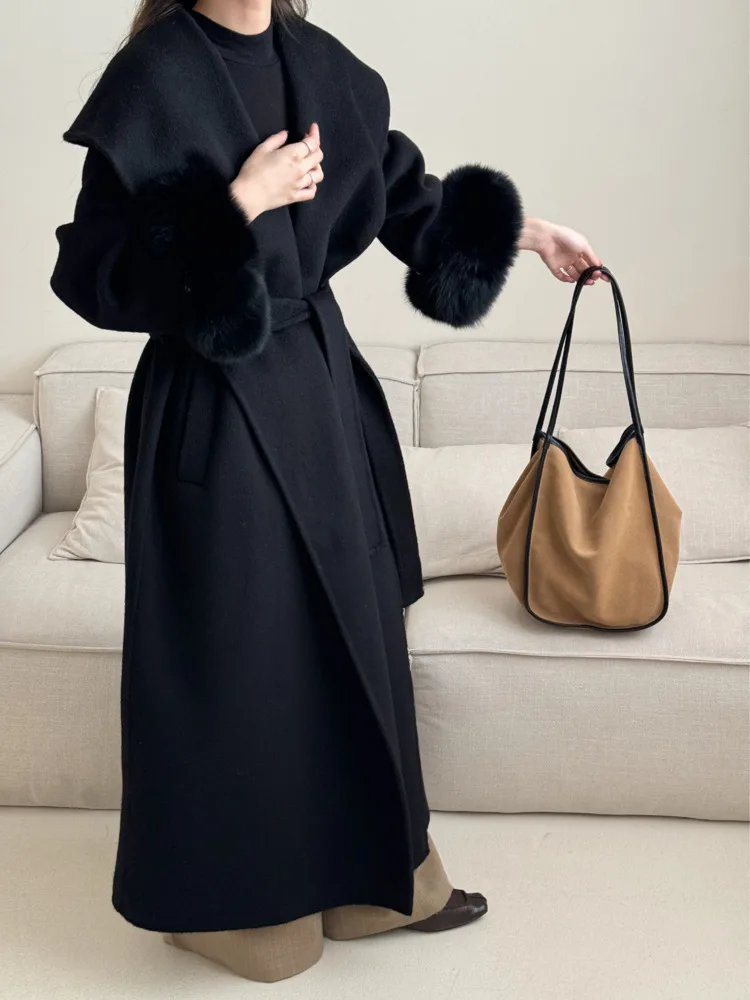 BJTZ الثعلب الشعر الأصفاد الوجهين معطف من قماش الكشمير النساء 2024 الخريف/الشتاء منتصف طول الدانتيل متابعة معطف فضفاض موضة بسيطة #2