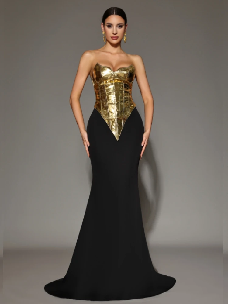 black and gold two piece dress Gold & Black Strapless Rhinestone Mesh Two-Piece Dress Gold / 2