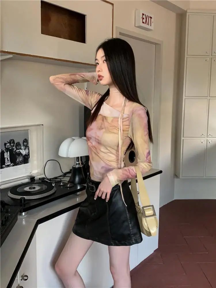 Genayooa Vintage Tie Dye T Shirt Women Flare Sleeve Mesh Tops Irregual Y2k Retro Crop Tops Streetwear Japanese 2000s Tshirts