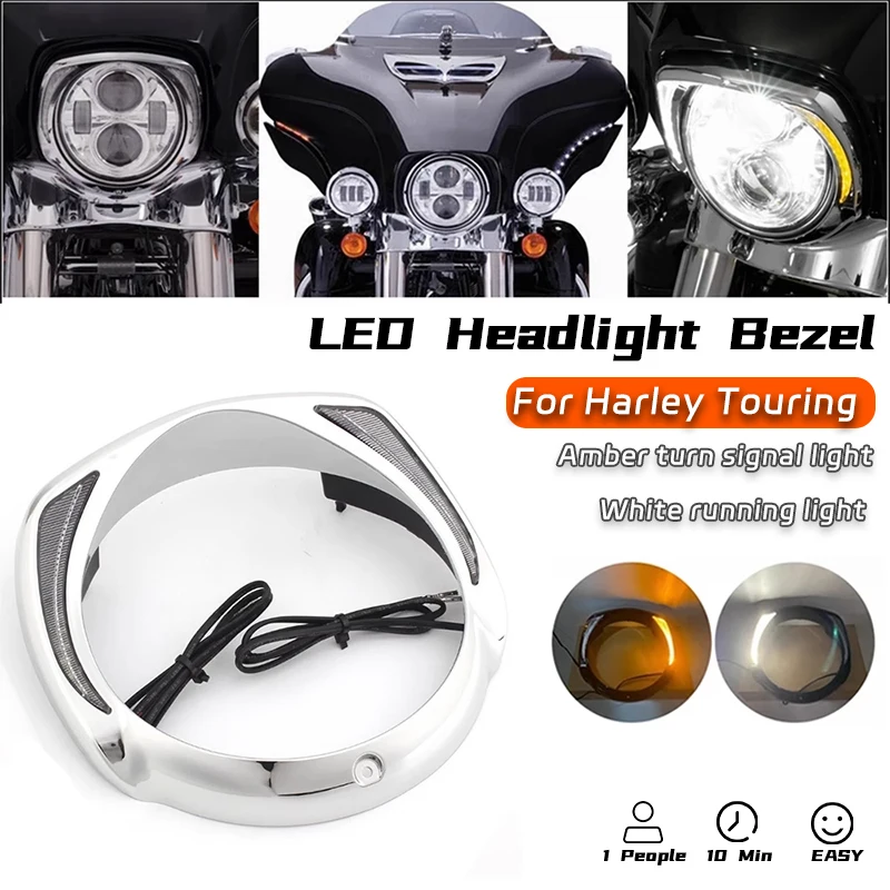 

With Amber Turn Signal LED Headlight Bezel Visor Trim Ring For Harley CVO Touring Electra Glide Street Glide Tri Glide 2014-Up