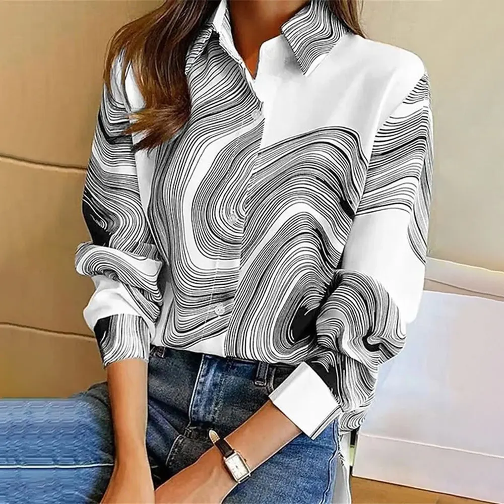 New Women\'s Long Sleeve Shirt 3D Flower Printed Button Long Sleeve Tops Plus Size Women\'s Blouse For Office Lady Clothing Autumn