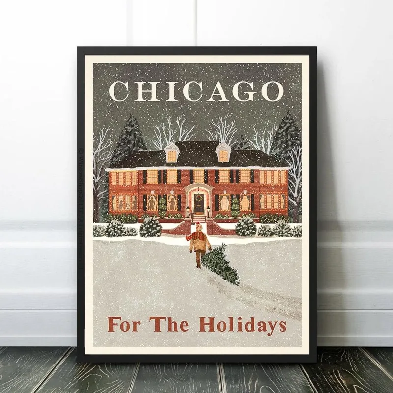 Vintage Chicago Holiday House Snowy Christmas Canvas Poster Prints Frameless Wall Art Festive Winter Cozy Home Warm Decorations