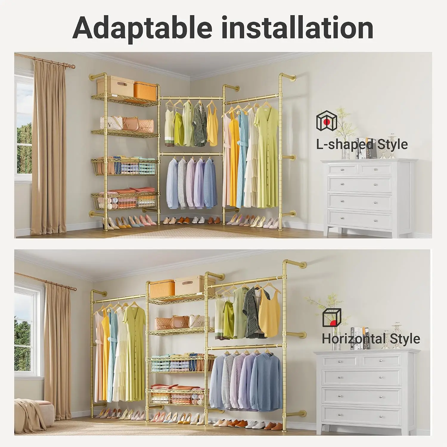 Wall Mounted Clothing Rack Heavy Duty Industrial Pipe Closet System Walk in Wardrobe Kit with Basket Gold, Customized