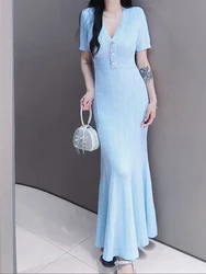 Blue short-sleeved V-neck knitted long dresses temperament elegant stretch Slim women's dress 2024 Autumn New