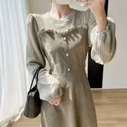 Fake Two Pieces Corduroy Midi Dress Women's Clothing Long Sleeve Spring Autumn Chic Folds Patchwork Elegant A-Line Waist Dresses