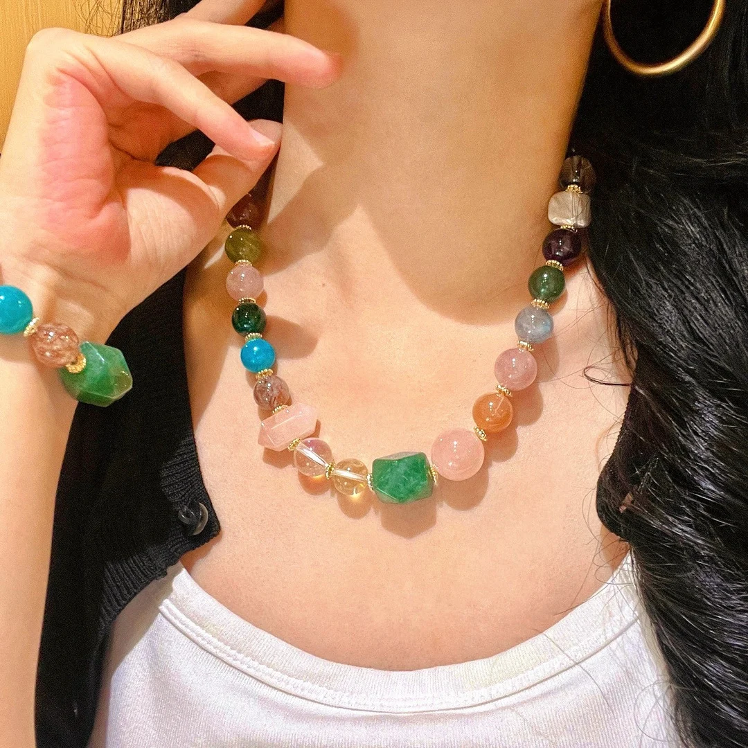 

2025 модный красочный большой браслет из натуральных кристаллов, ожерелье, модный и изысканный легкий роскошный комплект украшений для женщин