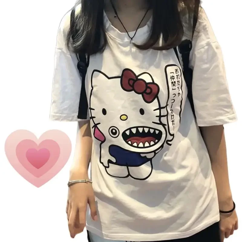 Miniso Hellokitty Top T-shirt Sanrio Kitcat Girl Women Summer Korean Casual Style Cute Pajamas Home Wear Outdoorwear New Clothes