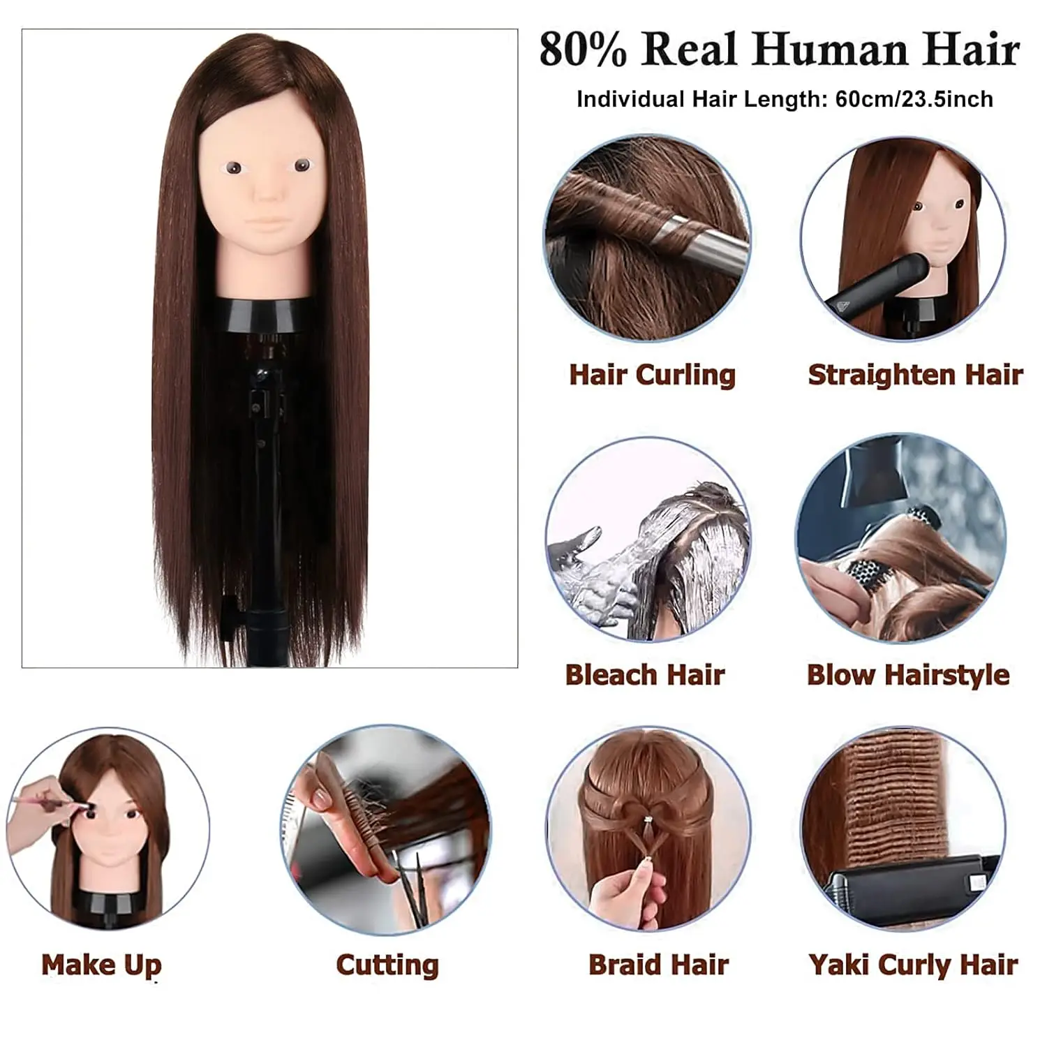 Beauty Mannequin Head with 70% Real Human Hair 26 Inch Cosmetology Mannequin Doll Head for Hair Styling Training Head