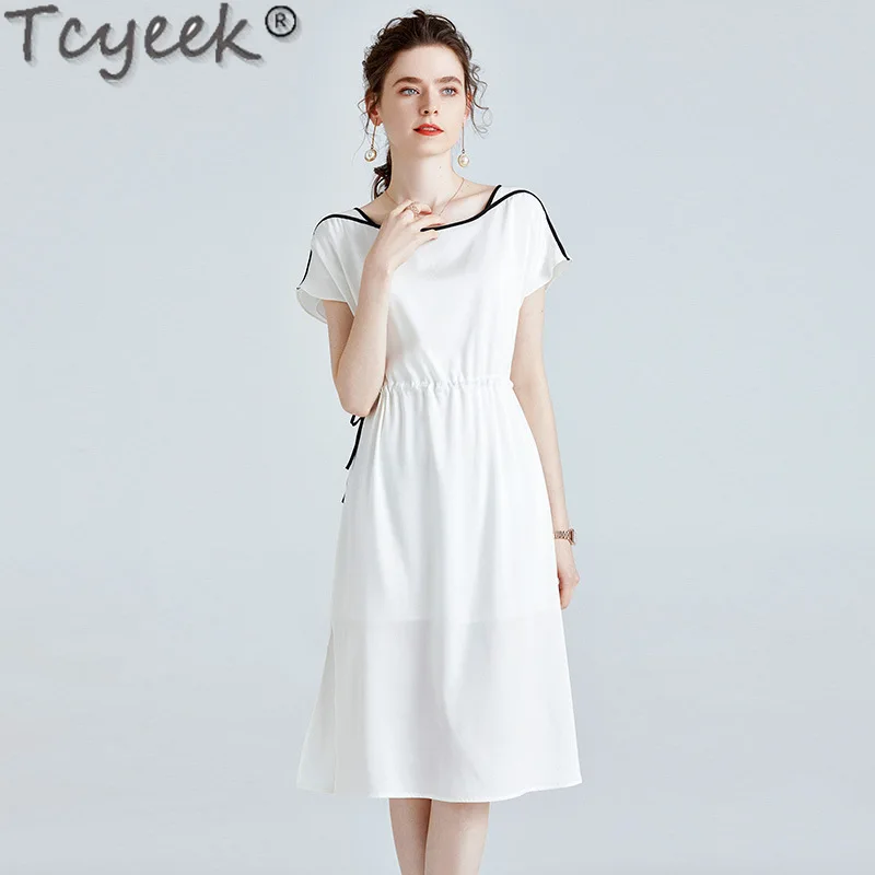 

Tcyeek 92.3% Mulberry Silk Dress 2024 Spring Summer Women Clothes Elegant Women's Dresses 16Mm Real Silk Party Dress Lace-up