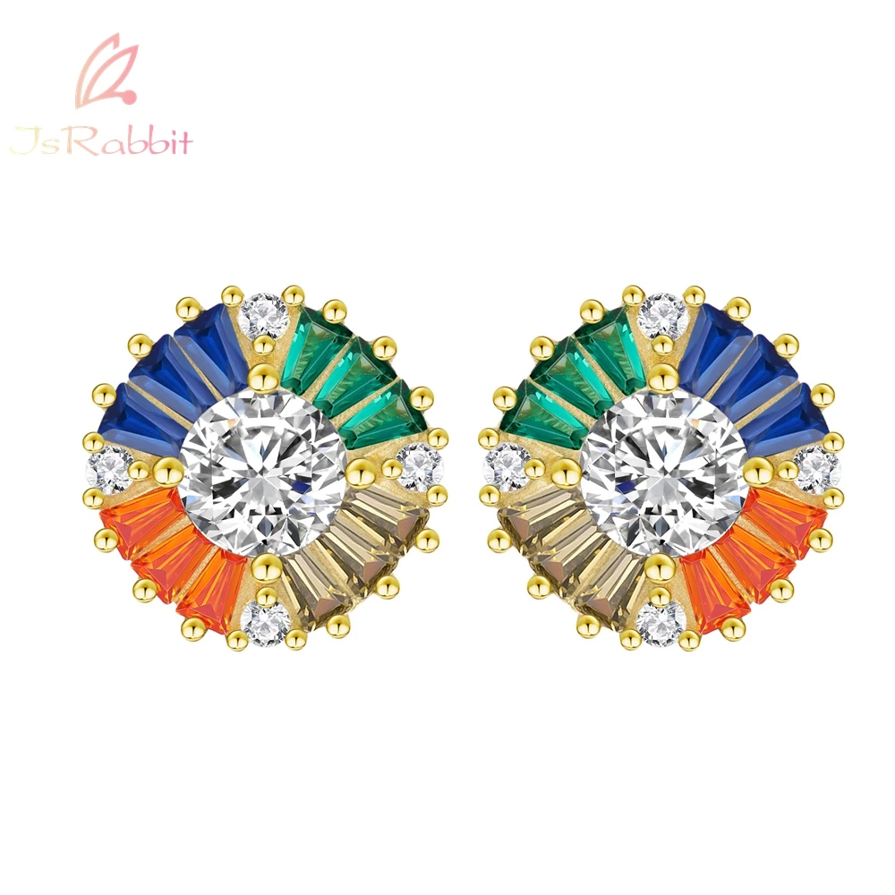 

IsRabbit 18K Gold Plated VVS Fancy Rainbow Sapphire Anniversary Stud Earrings 925 Sterling Silver Bohemia Jewelry Drop Shipping