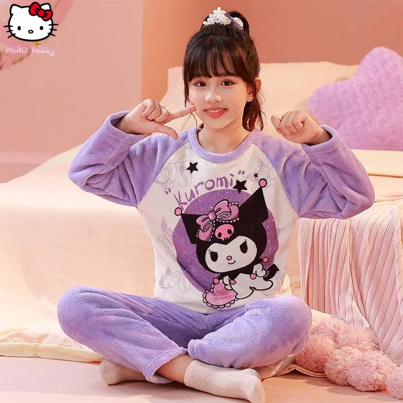 

Cartoon Children Hello Kitty Kuromi New Anime Thickened Pajama Set Kawaii Autumn and Winter Sanrio Men and Girls Warm Home Suit