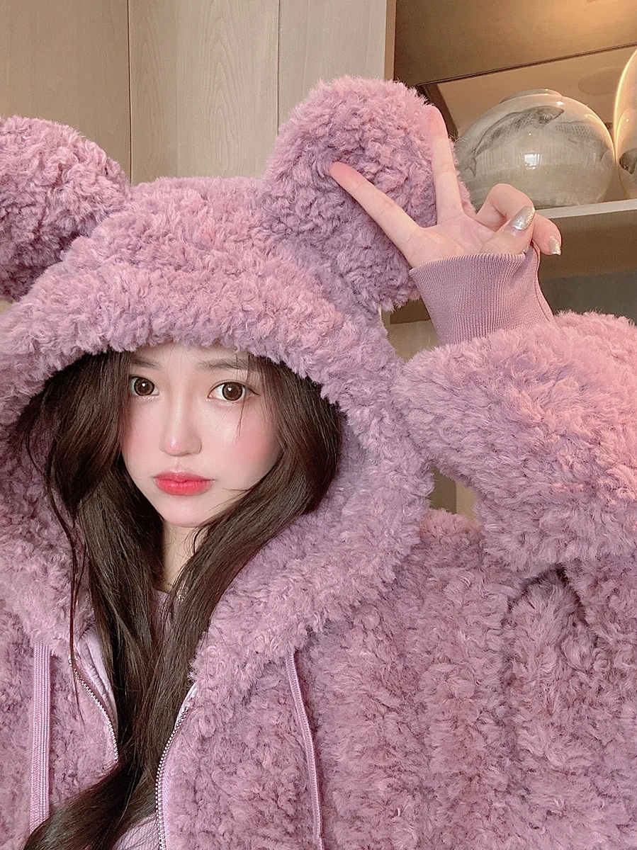 

Модное зимнее пальто из овечьей шерсти для женщин, средней длины, с эффектом похудения, плюшевое, в стиле кэжуал, на молнии, с длинными рукавами