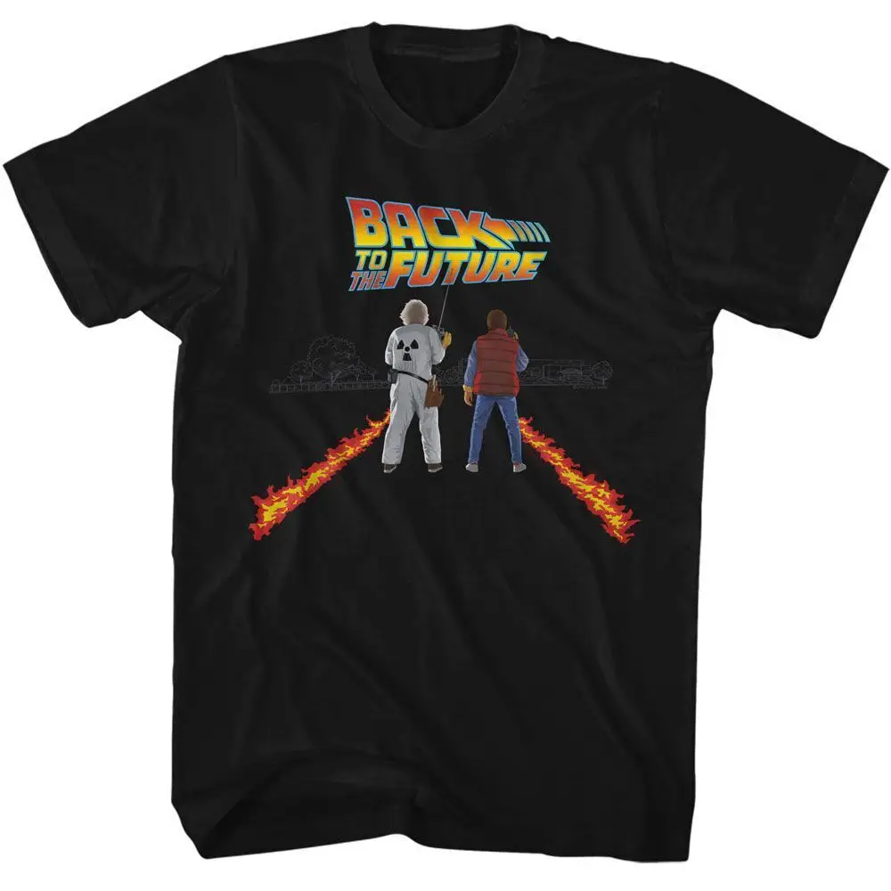 Back To The Future Fire Streaks Black Front Print  Adult T Shirt