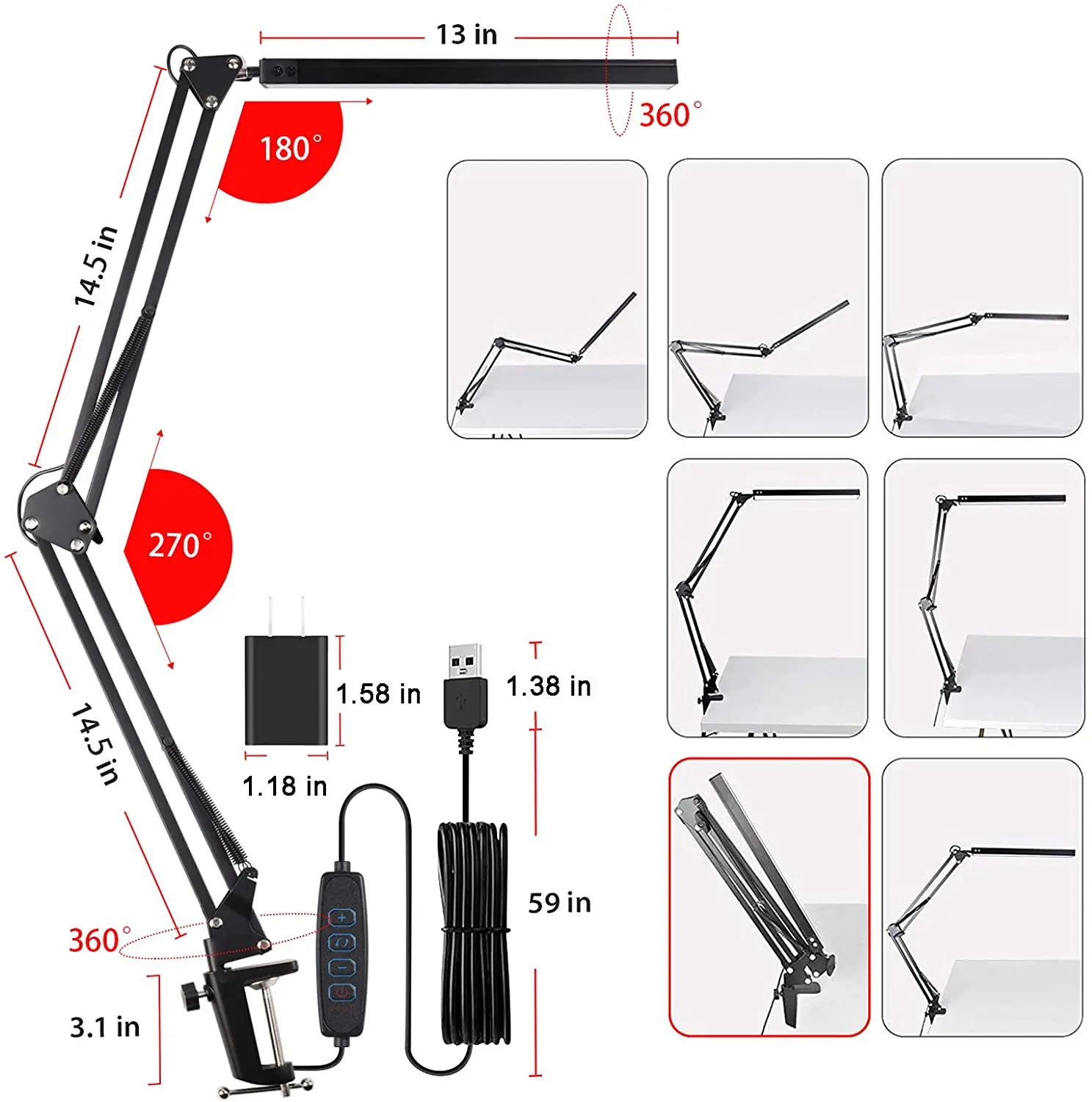 LED Desk Lamp,Adjustable Metal Swing Arm Desk Lamp with Clamp,Eye-Caring Architect Desk Light,3 Color Modes with Memory Function