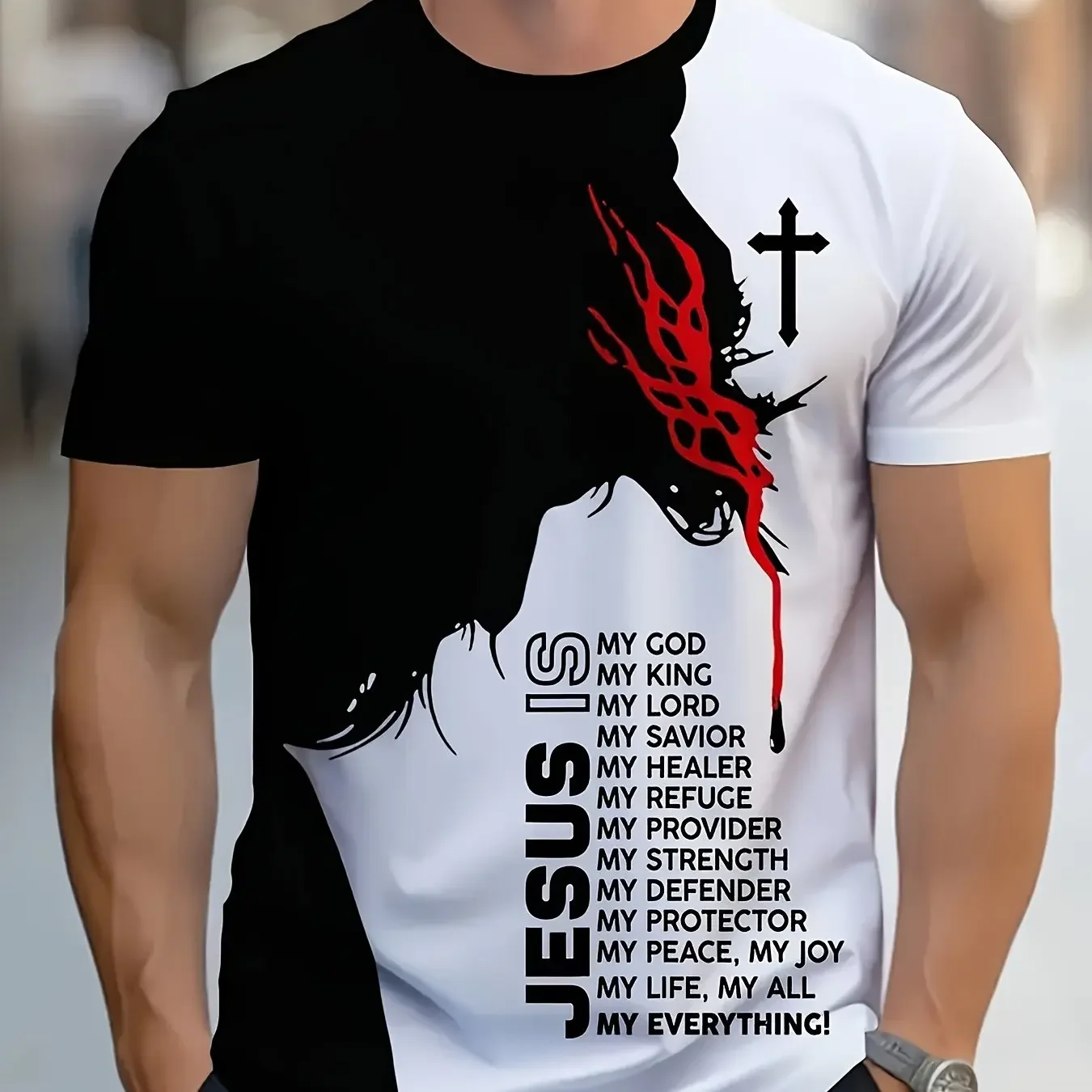 Men's Jesus Is My God King Lord Savior T-Shirt Christian Faith Cross Print Casual Short Sleeve Street Unisex Clothes