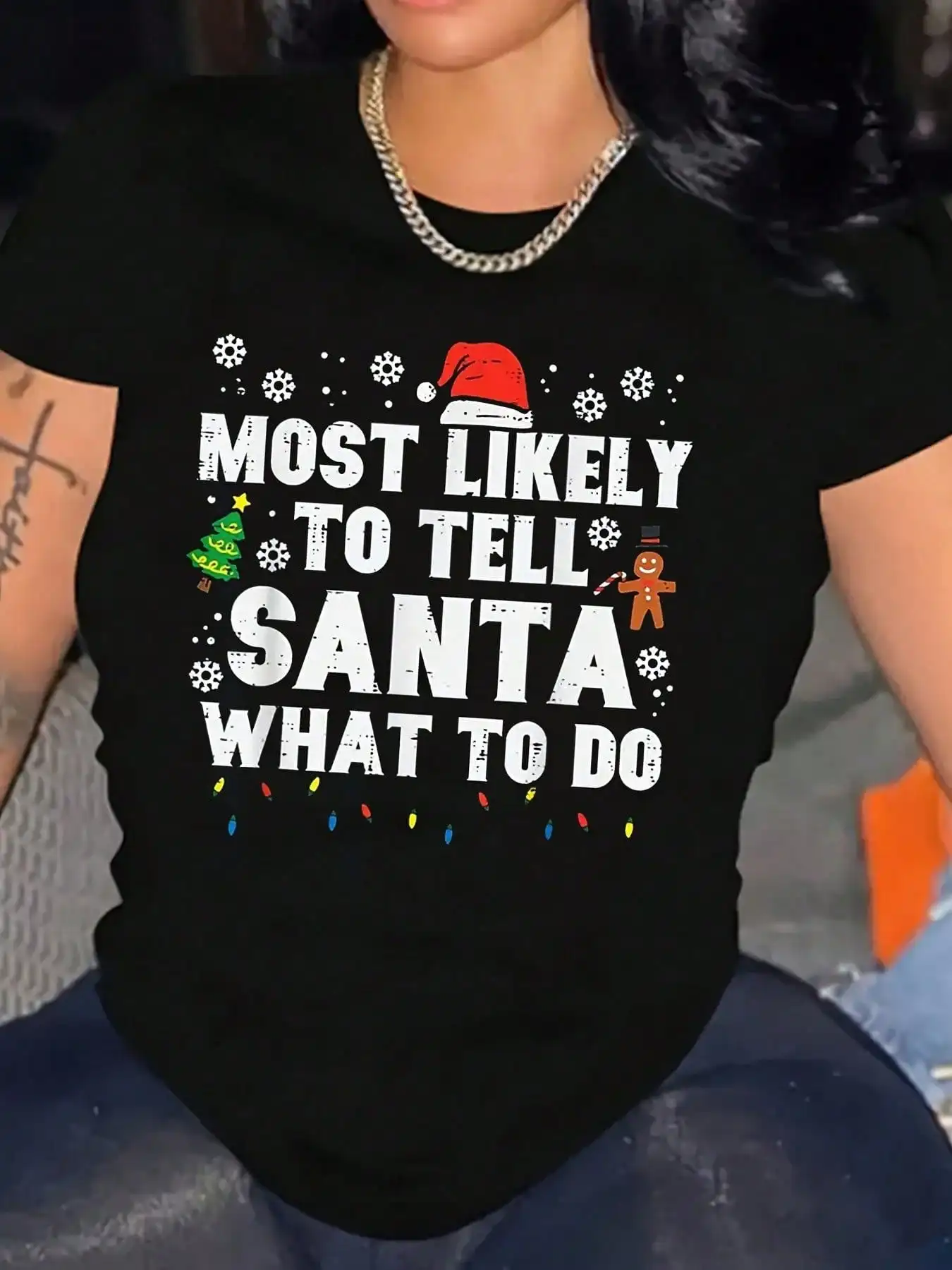 

Женская рождественская футболка больших размеров с принтом «Tell Santa What To Do», повседневная хлопковая рубашка с круглым вырезом и короткими рукавами для повседневной одежды