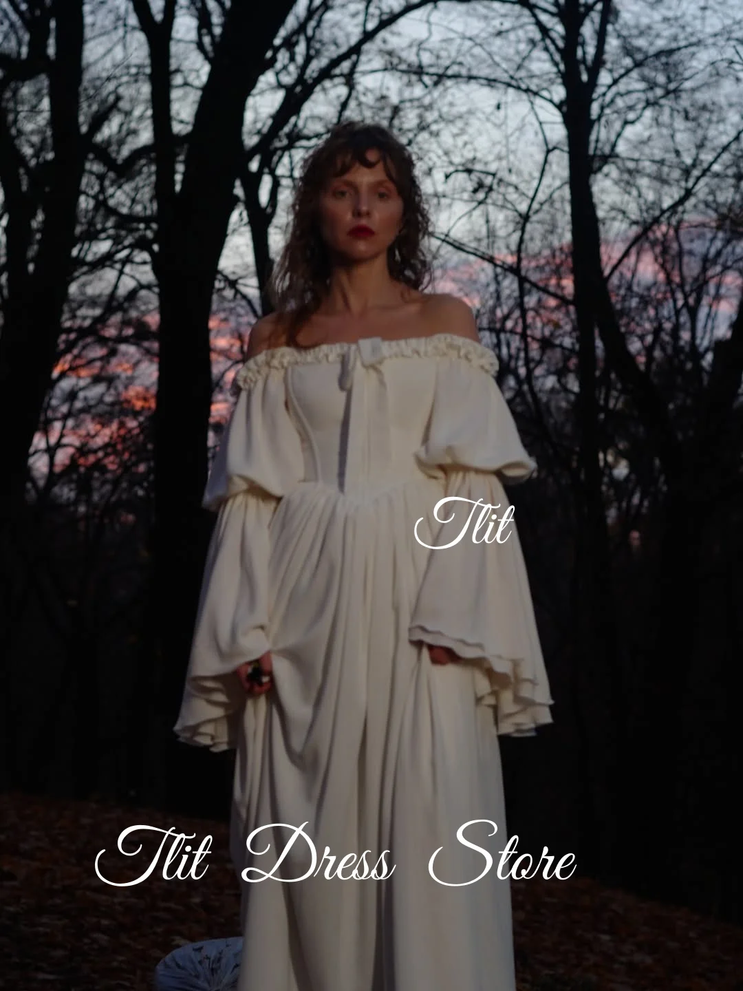 فستان سهرة جميل من الساتان المطاطي عاجي من TLIT بدون حمالات فستان حفلات قبالة الكتف مخصص بفيونكة وأكمام منتفخة stidos de fiesta #3