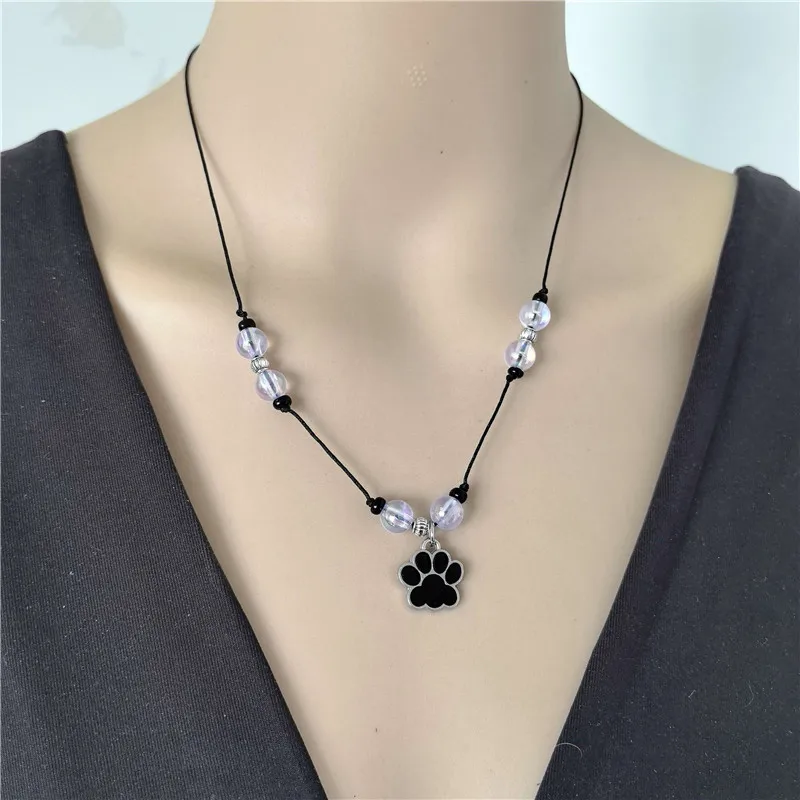 Punk Gothic Style Y2k 2000s Retro Style Pet Paw Pendant Necklace, Transparent Colored Beads, Black Paw Women's Collar