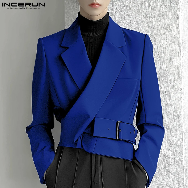 INCERUN Lapel Collar Solid Commuting Jackets Coats Men Deconstruction Elegant Blazer Casual Long Sleeve Suits Metal Buckle Coats