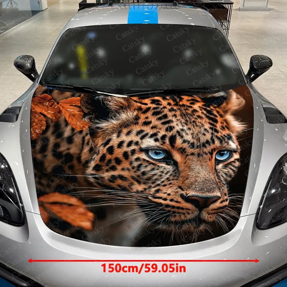 Blue Eyes Golden Spotted Cheetah Car Hood Sticker-Durable Vinyl Film, Splash Proof And Easy To Remove, Suitable For All Car Mode