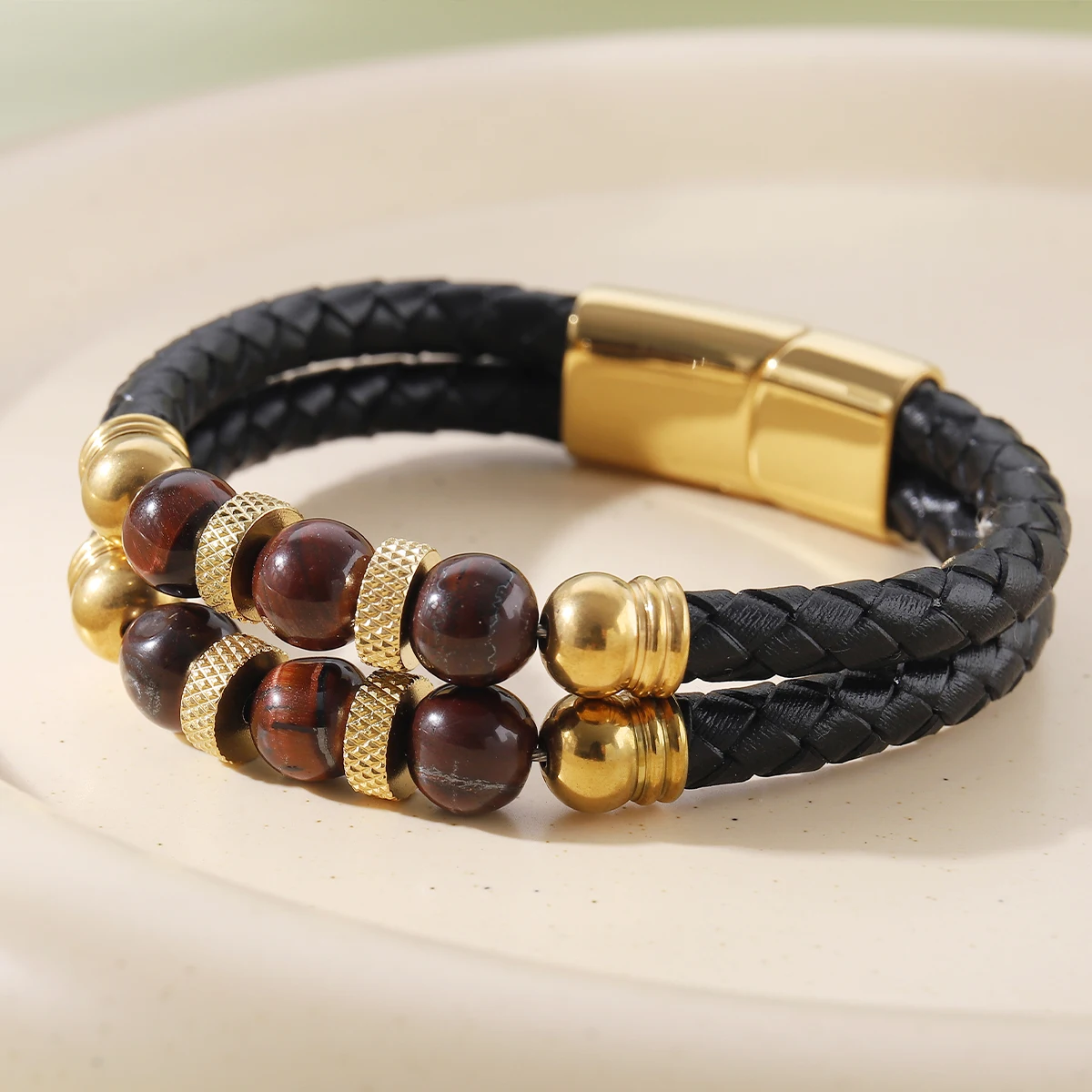 

Men's Multilayer Braided Leather Bracelet with Red Tiger Eye Gold Beads Strength & Confidence Accessory Gift for Husband