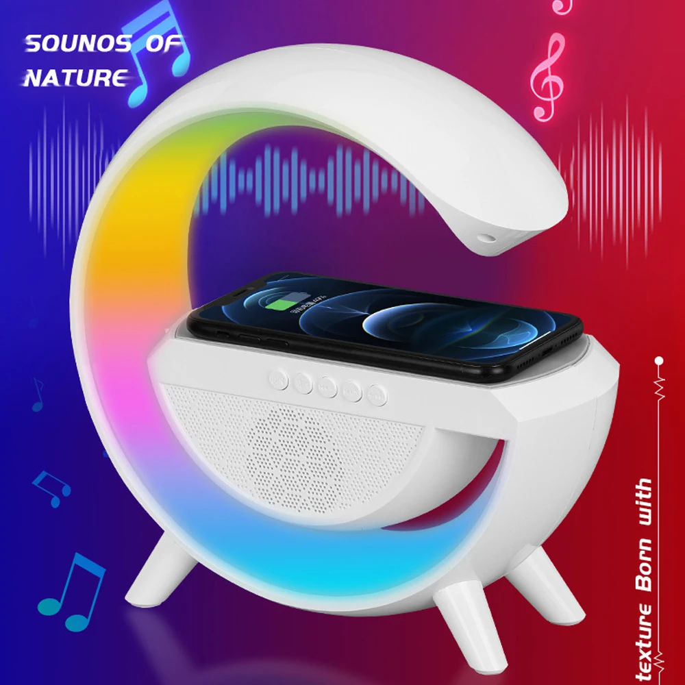 

Беспроводное зарядное устройство для телефона с Hi-Fi Bluetooth-колонкой, красочной RGB-подсветкой и функцией FM-радио. Поддерживает USB, карты TF и AUX.