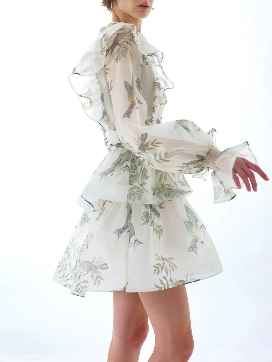 투트윈스타일 우아한 프린팅 시스루 러플 드레스 여성용 V넥 긴팔 하이웨이스트 기품있는 드레스