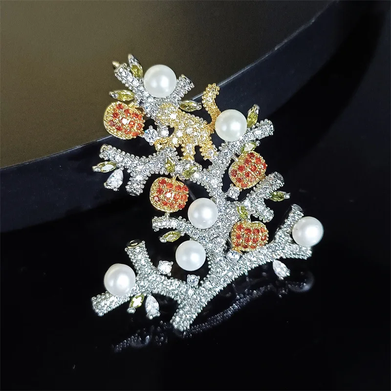 

OKILY Exquisite Multicolor Zircon Fruit Tree Brooches Fresh Water Pearl Ethnic Monkey Picking Peach Plant Corsage Jewelry Woman