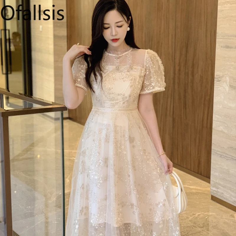 Ofallsis Celebrity Temperament Heavy Industry Mesh Sequin Embroidered Dress 2024 Summer New Sweet High end Slim Fit Long Dresses