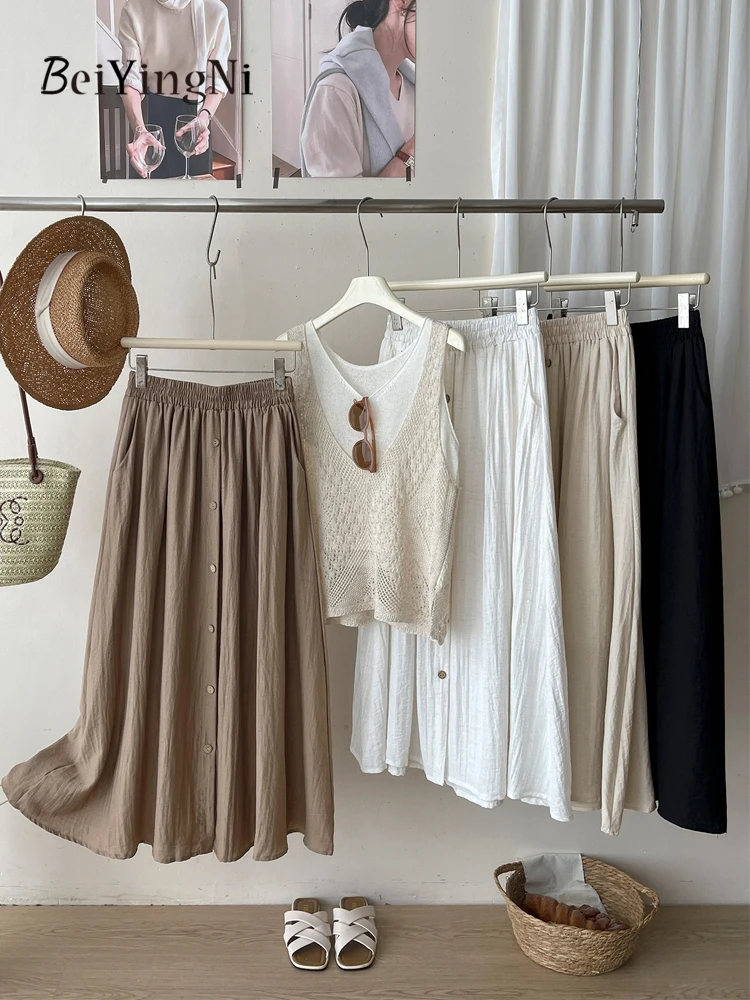 

Beiyingni 2026 Korean Style A-line Skirts for Women Vintage Street Cotton Linen Midi Skirt Ladies Commute Fashion Elegant Faldas