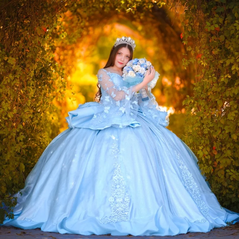 

Blue Quinceanera Dress off-shoulder Crystal Butterfly Decal Layering Long tail Bow vestidos de 15 Quinceanera ﻿Customized