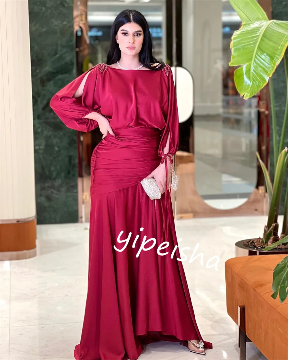 Customized  Evening    Charmeuse Pleat Rhinestone Party A-line Boat Neck Bespoke Occasion Gown Midi es