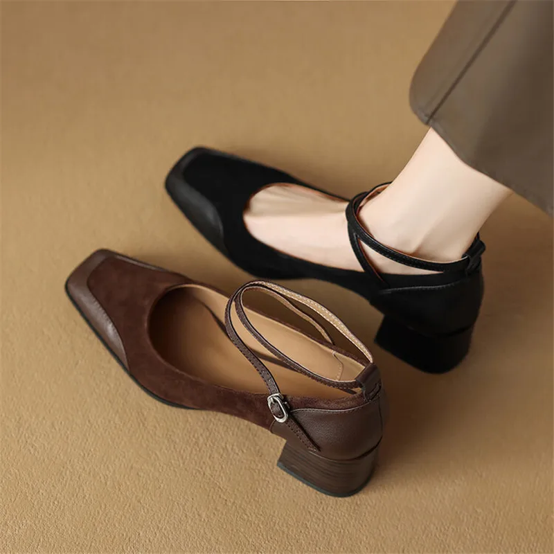 2024 Spring Sheep Suede Women Shoes Square Toe Retro Chunky Heel Women Pumps Mary Jane Shoes for Women Commuter Ladies Shoes