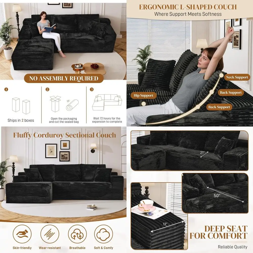 

108 Inch L-Shaped Couch with Wide Armrests, Deep Seating, Memory Foam, Easy Assembly, Plush Corduroy Cloud Sofa in Black with Le