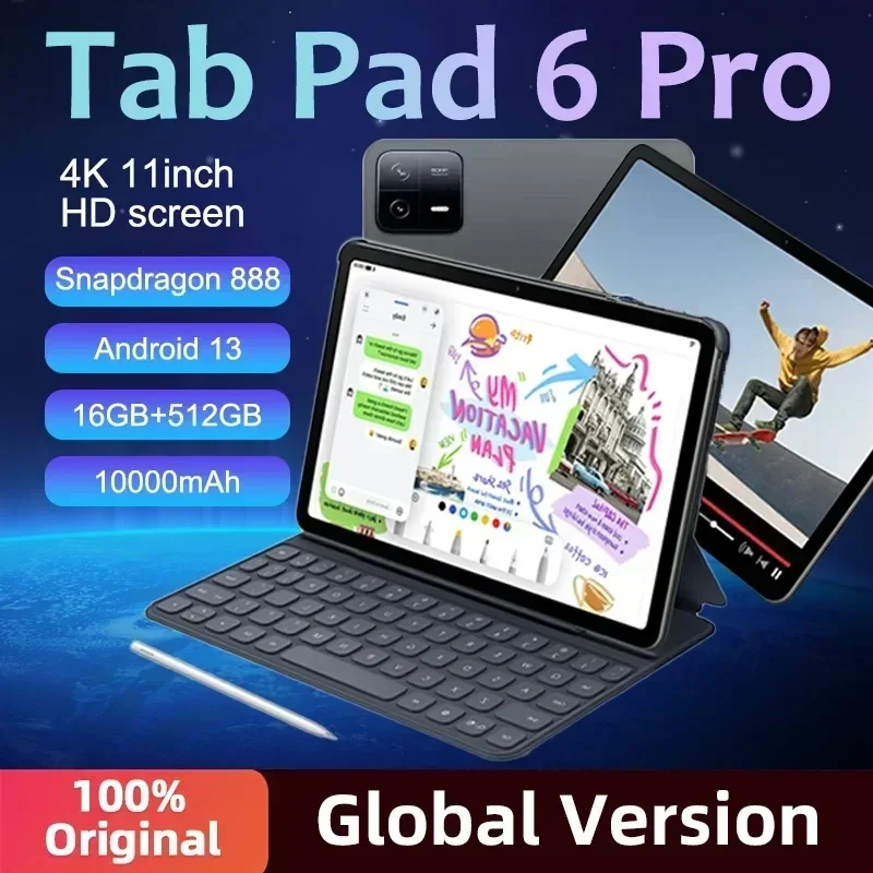 

2024 Original Global Version Tablet Android 13 Snapdragon 888 Pad 6 Pro 16GB+512GB Tablets PC 5G Dual SIM Card WIFI HD 4K Mi Pab