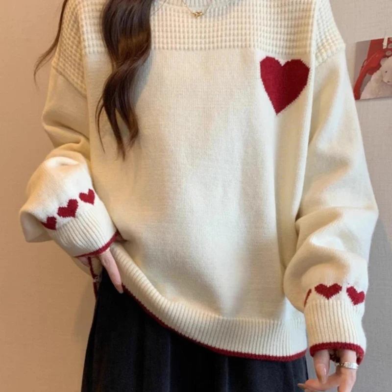 

Женский шикарный пуловер с круглым вырезом, милый стильный свитер с вышивкой в виде сердца, женский модный осенне-зимний вязаный топ
